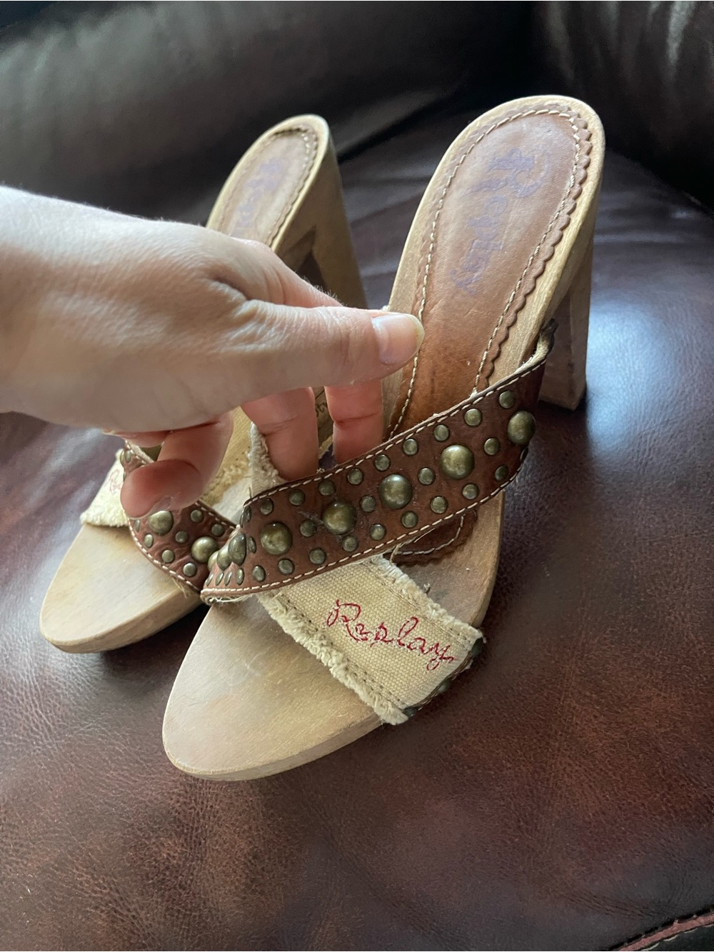 Vintage Replay Brown wood & Leather & Cream Canvas Studded High Heel Mules